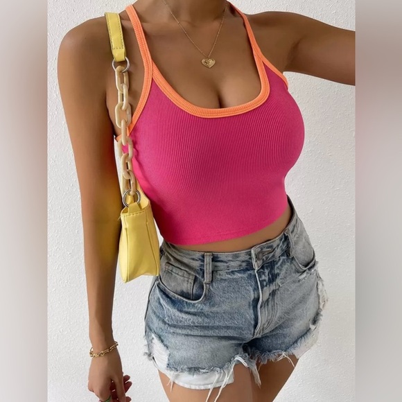 💖(2 for $15)💖 Pink & Orange Fitted Crop Tank Top - Picture 4 of 9